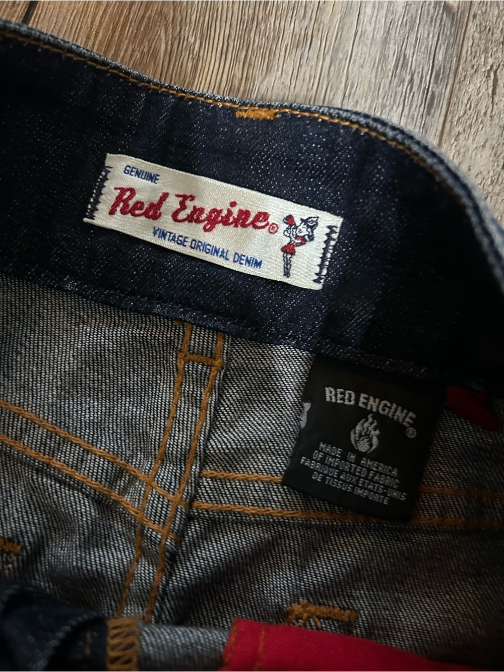 Vintage Red Engine Dark Wash Jean Denim A-Line Skirt - Picture 3 of 6